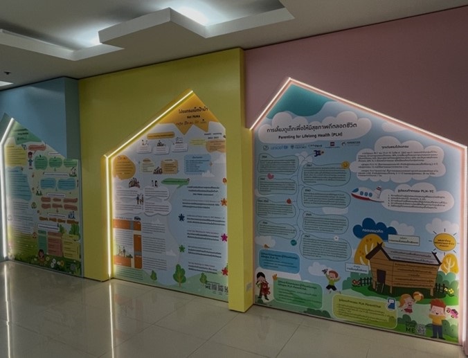 A wall displaying infographics about positive parenting
