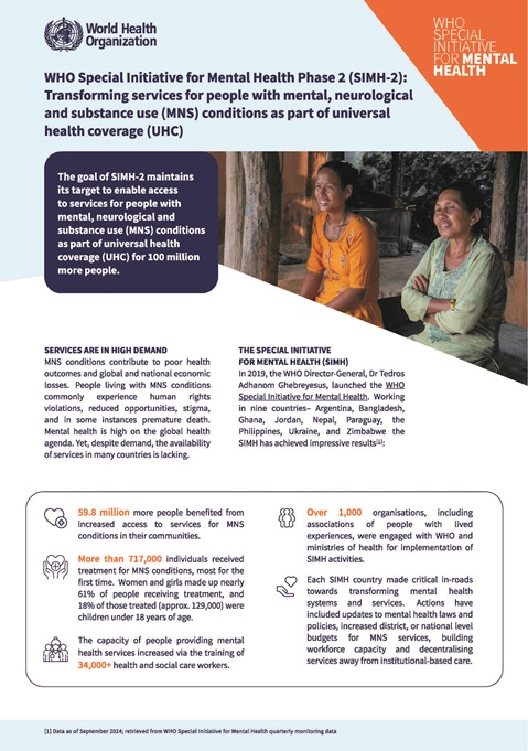 WHO Special Initiative for Mental Health Phase 2 (SIMH-2): Transforming services for people with mental, neurological and substance use (MNS) conditions as part of universal health coverage (UHC)