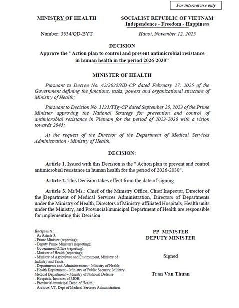 Viet Nam: Action plan to control and prevent antimicrobial resistance in human health in the period 2026-2030