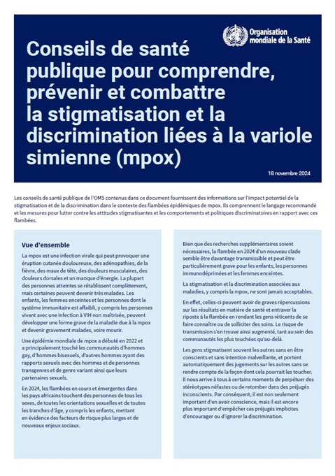 Conseils de santépublique pour comprendre, prévenir et combattre la stigmatisation et la discrimination liées à la variole simienne (mpox)