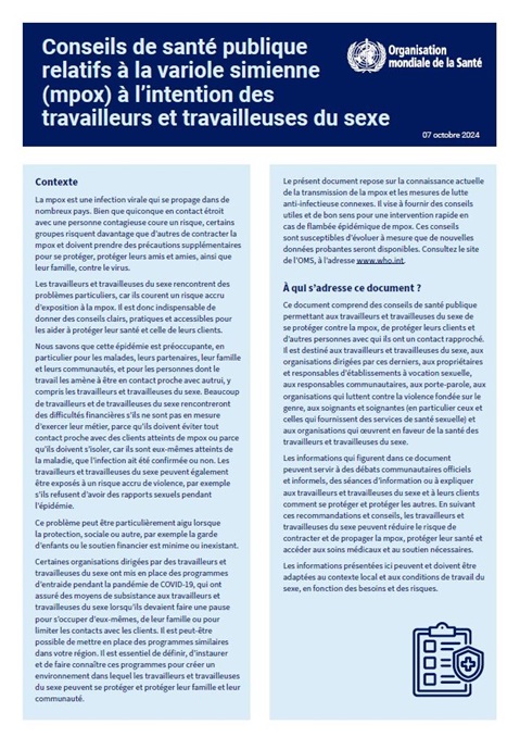 Conseils de santé publique relatifs à la variole du singe à l’intention des travailleurs du sexe