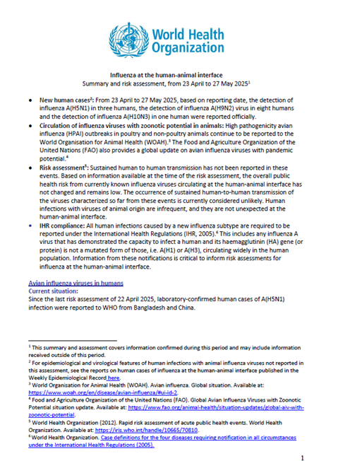 Influenza at the human-animal interface summary and assessment, 27 May 2025