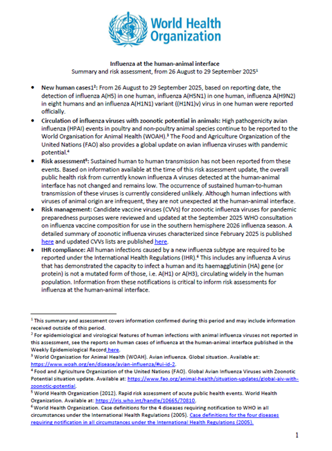 Influenza at the human-animal interface summary and assessment, 29 September 2025