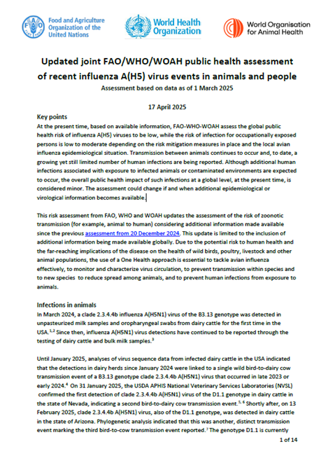 Updated joint FAO/WHO/WOAH public health assessment of recent influenza A(H5) virus events in animals and people