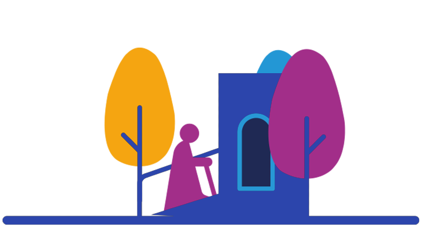 Icon illustrating a person with a walking stick, walking up a ramp to a building surrounded by trees.