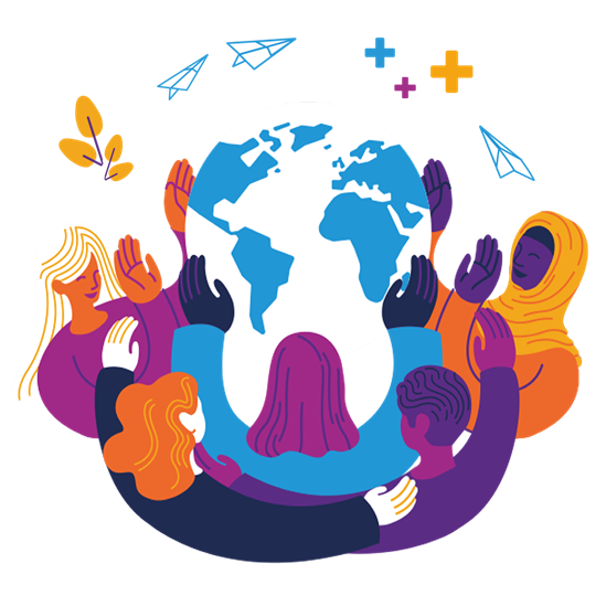 Icon illustrating people holding each other and supporting a world globe above their heads.