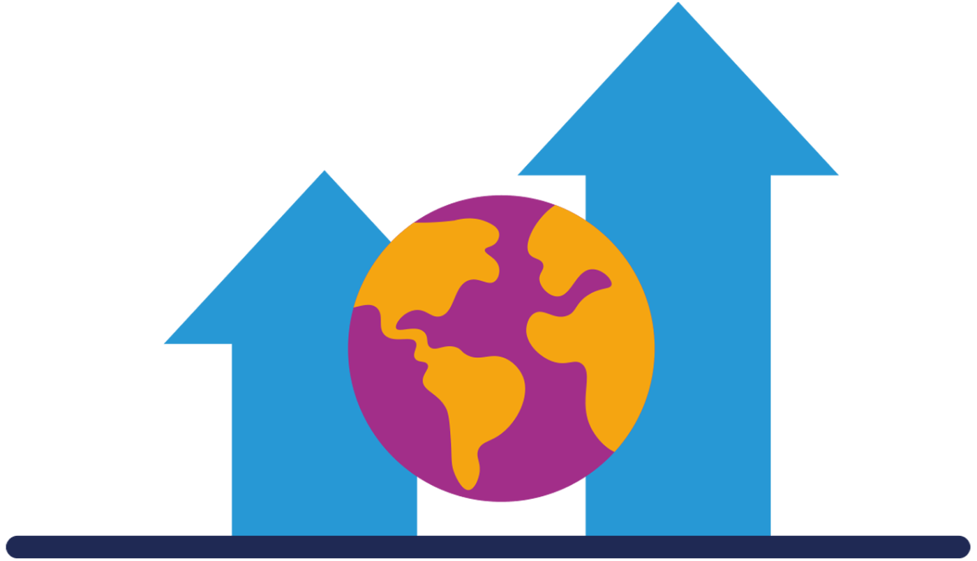 Icon illustrating a world globe in front of two thick blue arrows pointing up.