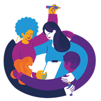 Illustration of four people holding their arms around each other and forming a circle, a woman is holding a pen and a clipboard.