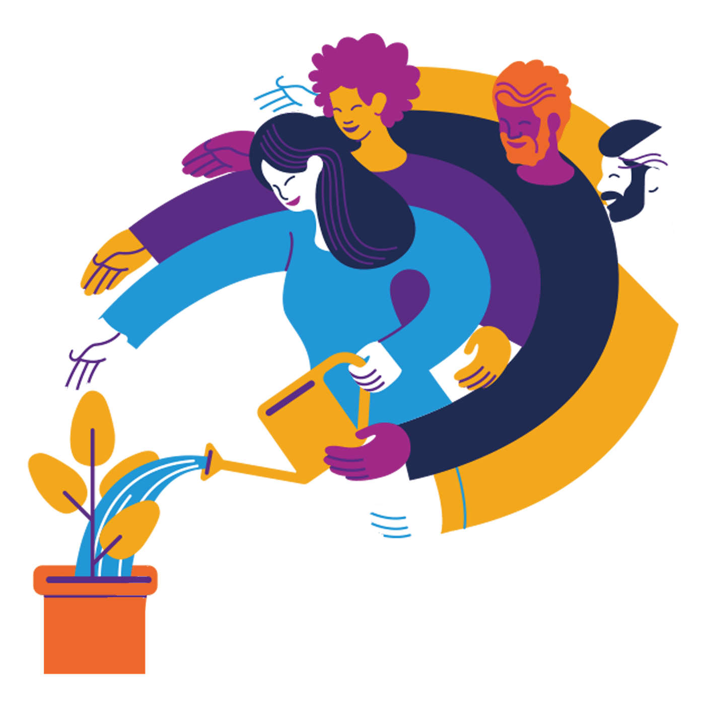 Illustration of four people embracing each other and watering a plant in a pot.