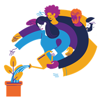Illustration of people forming a spiraling circle, holding each other and smiling.
