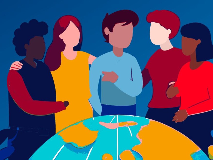 Illustration montrant cinq personnes de genre et d’appartenance ethnique différents debout autour d’une mappemonde.
