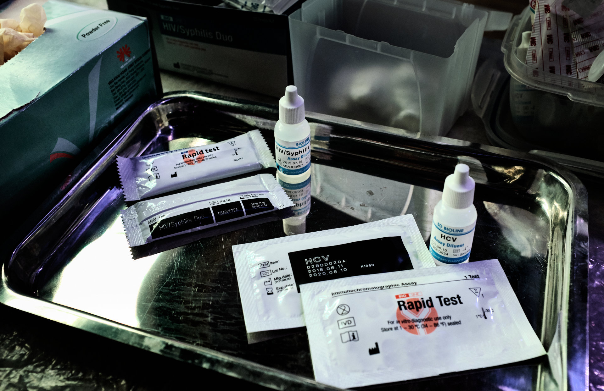 Medical tray with testing products