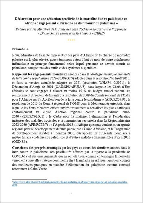 Déclaration pour une réduction accélérée de la mortalité due au paludisme en Afrique