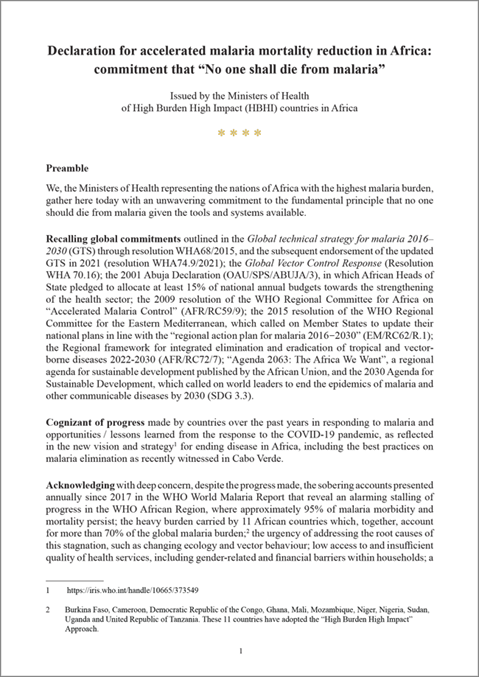 Yaoundé Declaration for accelerated malaria mortality reduction in Africa