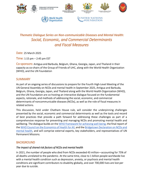 Thematic Dialogue Series on Non-communicable Diseases and Mental Health: Social, Economic, and Commercial Determinants and Fiscal Measures