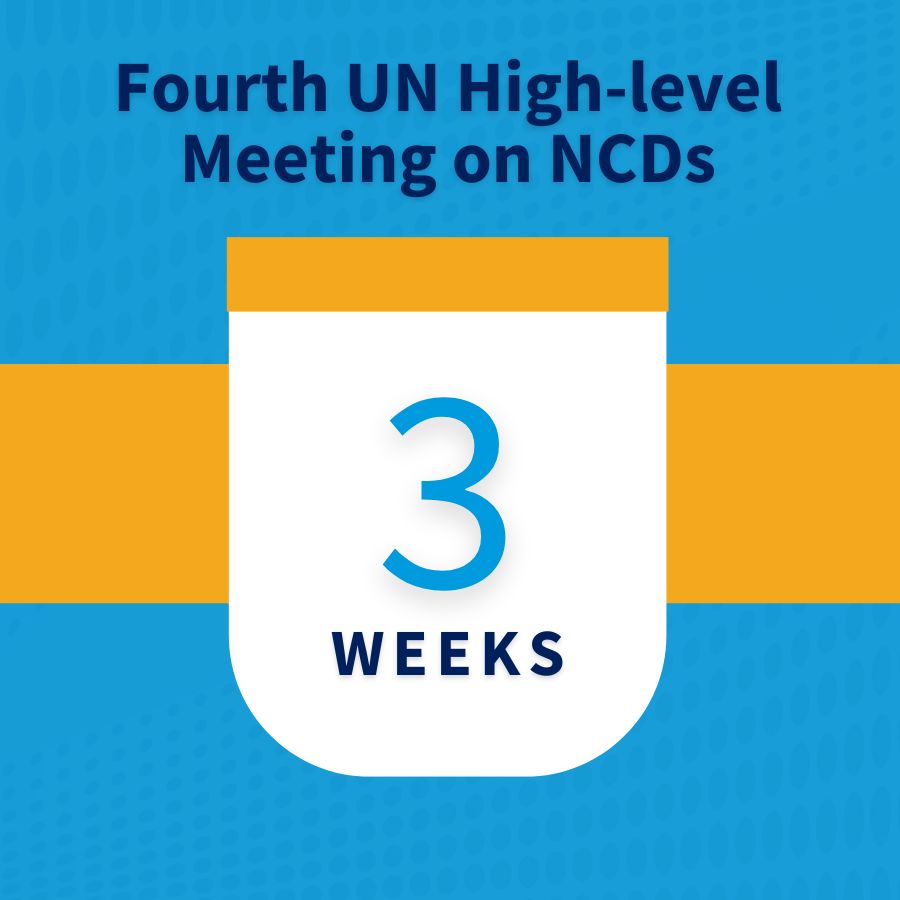 Square blue graphic with yellow strip and countdown to number of weeks to the 4th UN high-level meeting on NCDs