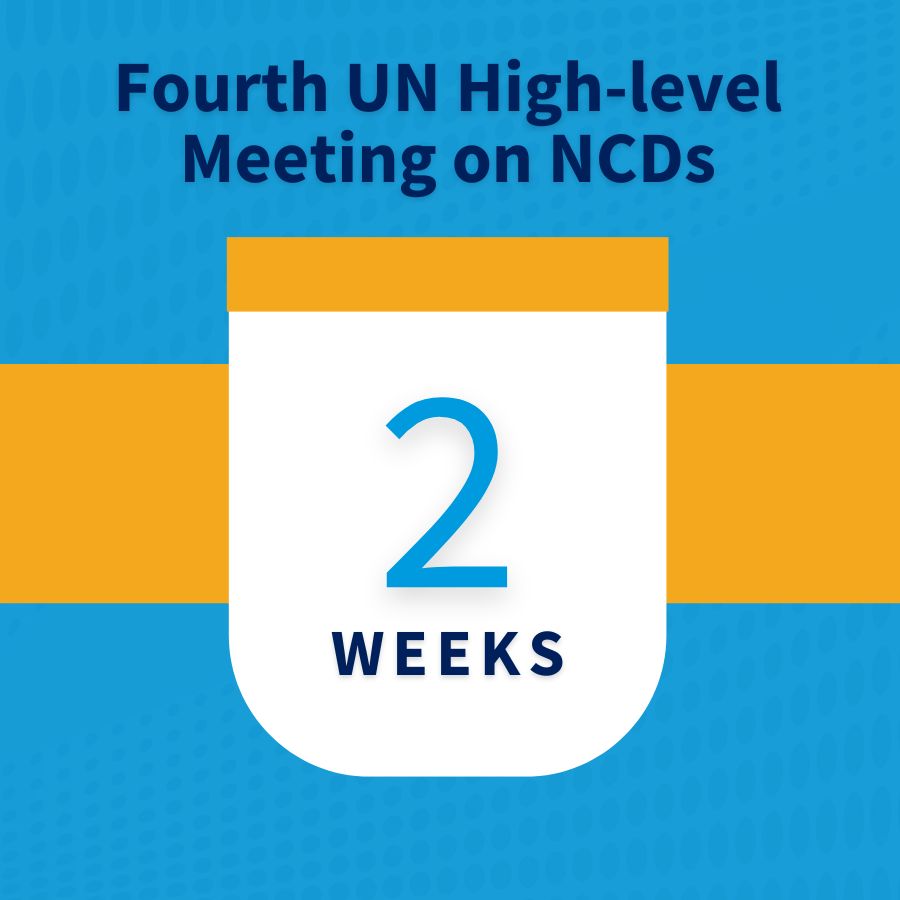 Square blue graphic with yellow strip and countdown to number of weeks to the 4th UN high-level meeting on NCDs