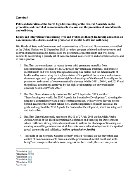 Zero draft: Political declaration of the fourth high-level meeting of the General Assembly on the prevention and control of noncommunicable diseases and the promotion of mental health and well-being