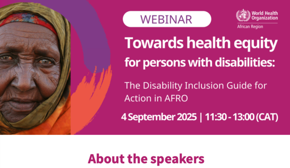 Cover of the document presenting the list of speakers for the WHO AFRO webinar on health equity for persons with disabilities