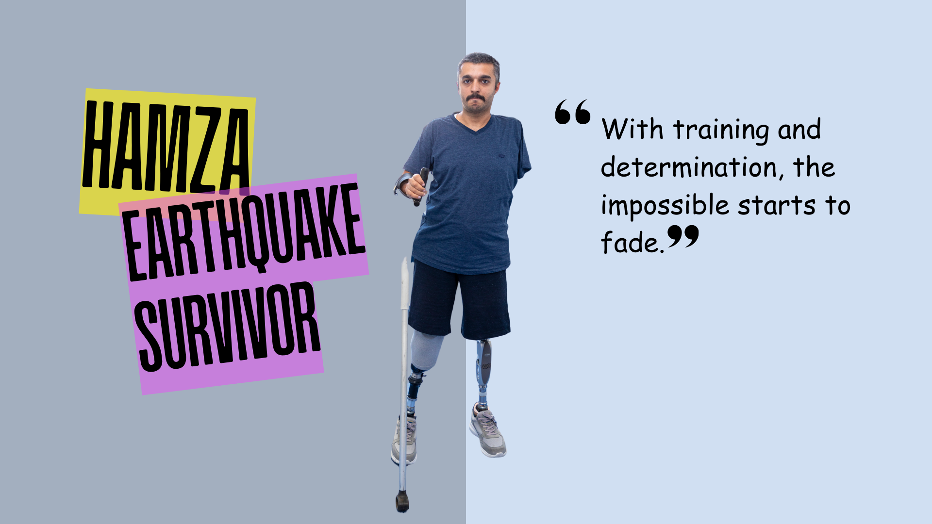 A man in the middle using prosthetics and with a cane