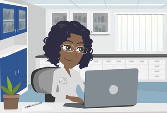 Illustration of a person in a white lab coat working on a laptop at a desk in a modern laboratory setting, with cabinets and shelves in the background.