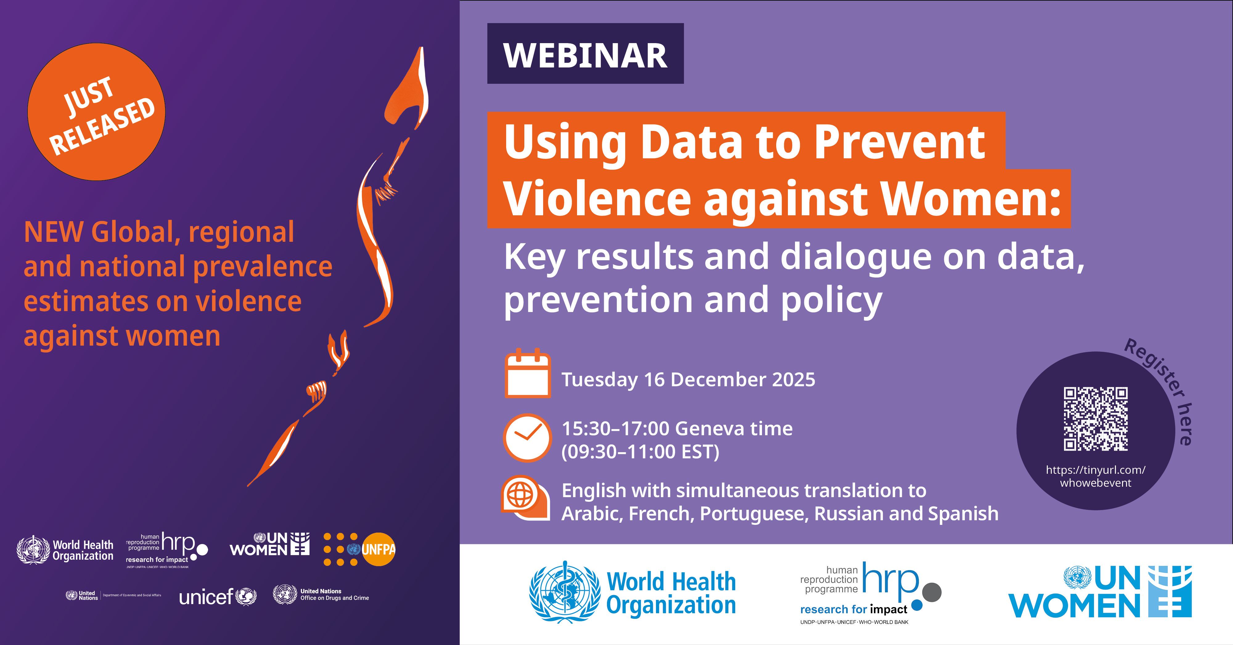 Webinar banner: Using data to prevent violence against women – key results and policy dialogue, 16 December 2025, hosted by WHO, HRP, UN Women.