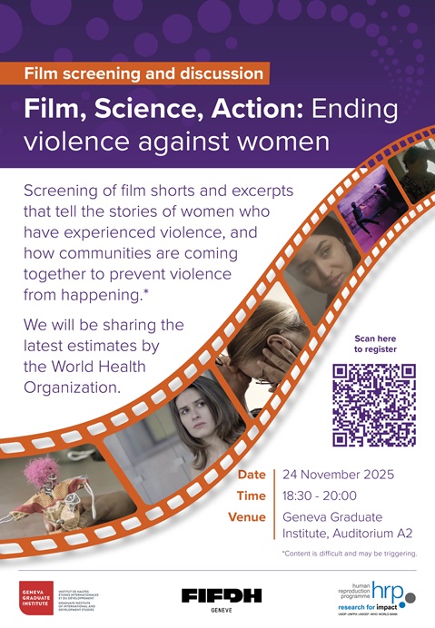 Flyer for a film screening and discussion titled “Film, Science, Action: Ending violence against women,” with event details, QR code for registration, and an orange filmstrip design featuring images of film scenes.