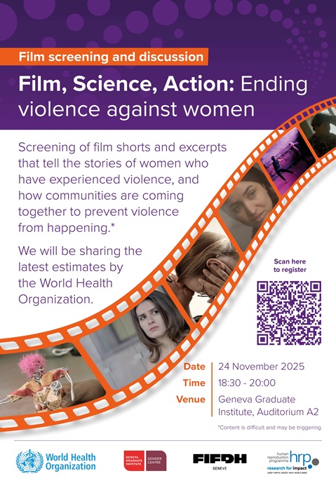 Flyer for a film screening and discussion titled “Film, Science, Action: Ending violence against women,” with event details, QR code for registration, and an orange filmstrip design featuring images of film scenes.