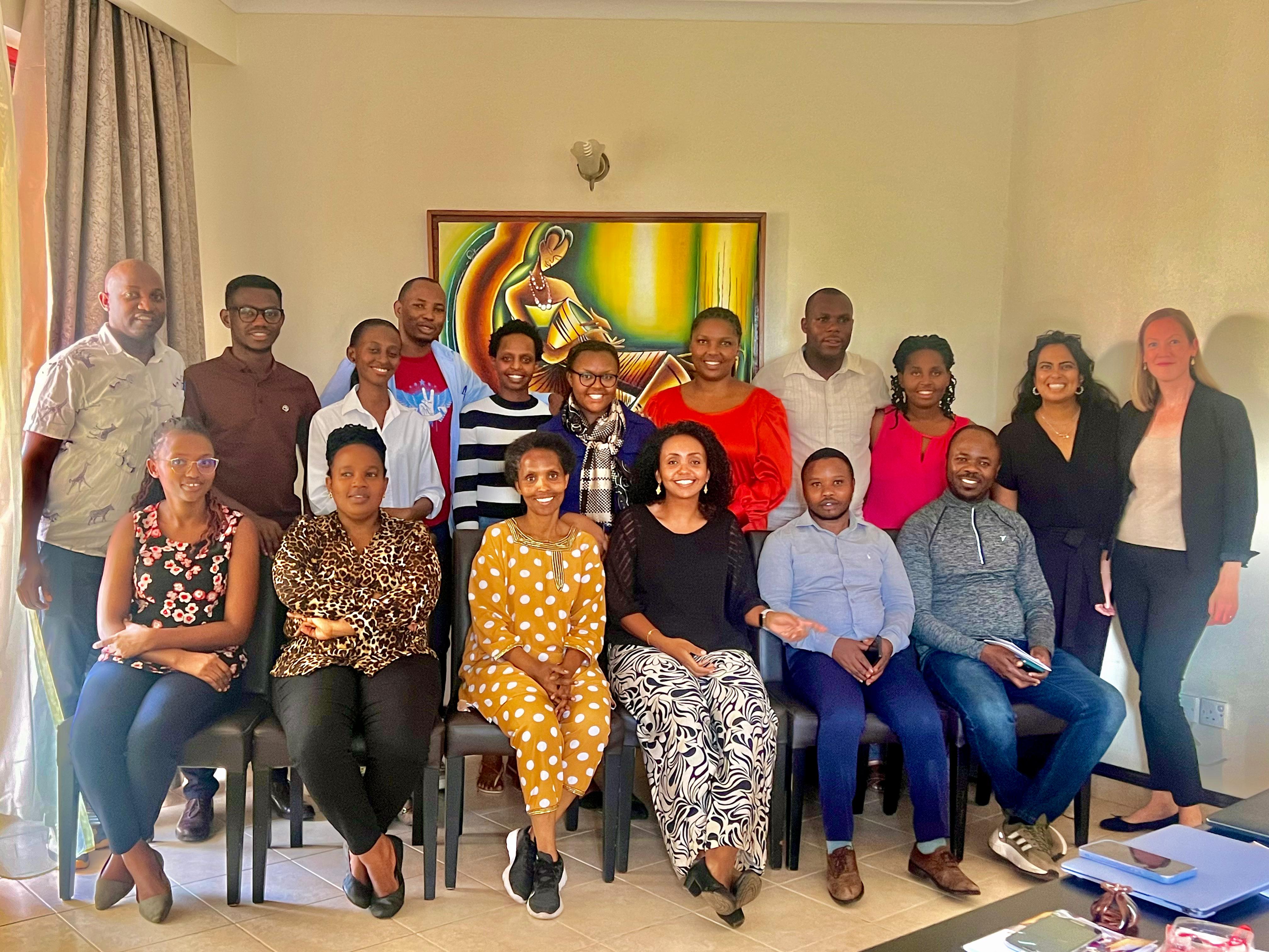 A group of learners on the WHO Academy Basic Emergency Care course from King Faisal hospital in Kigali, Rwanda pose for a group photo.