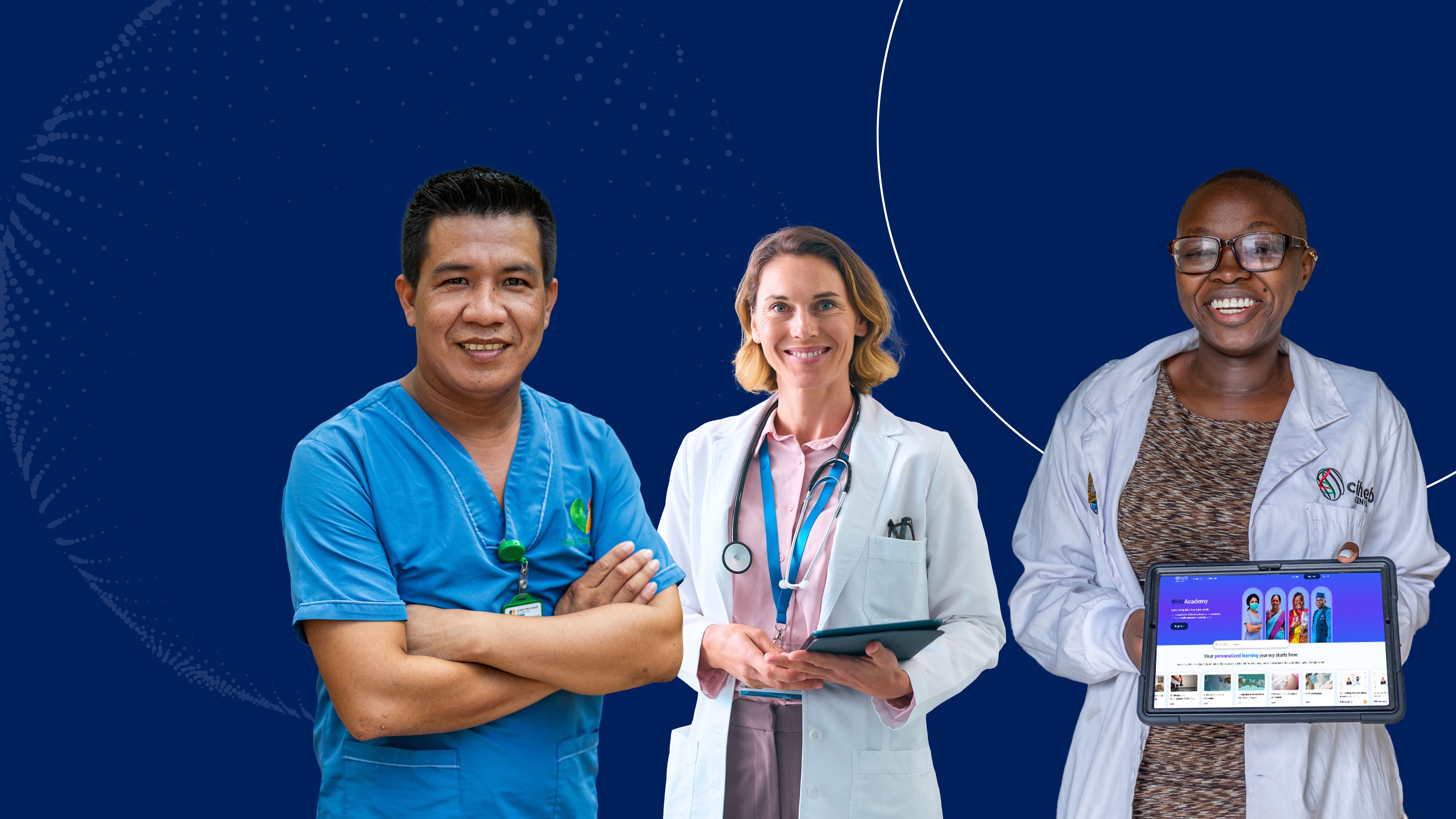 Three medical professionals standing against a dark blue background