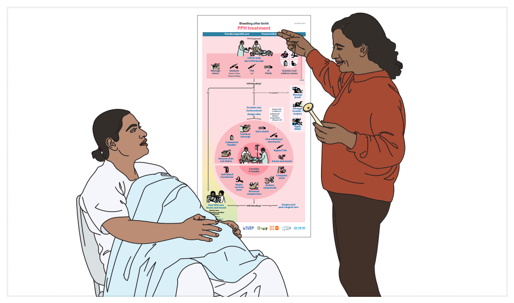 Two people discuss a medical poster titled 