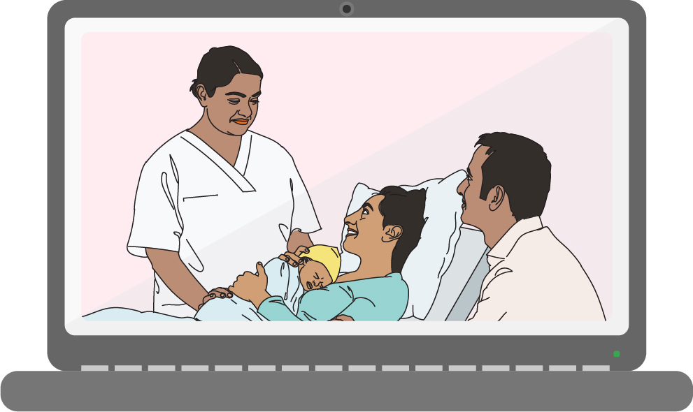 Digital illustration on a laptop screen showing a healthcare provider attending to a postpartum patient with a companion.