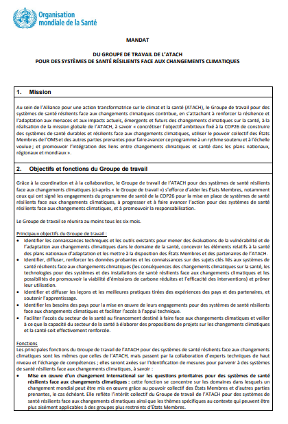 Mandat du groupe de travail de l’ATACH pour des systèmes de santé résilients face aux changements climatiques