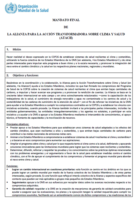 Mandato Final de la Alianza para la Acción Transformadora sobre Clima y Salud (ATACH)