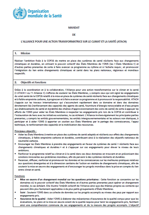 Mandat de l’Alliance pour une Action Transformatrice sur le Climat et la Santé (ATACH)
