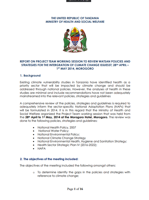 Review of Policy Documents on Climate Change, WASH and Public Health in Tanzania