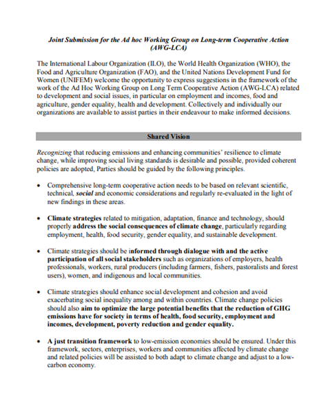 Suggestions for addressing development and social issues to the UNFCCC AWG-LCA