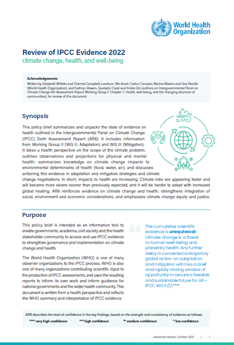 Review of IPCC Evidence 2022: climate change, health, and well-being