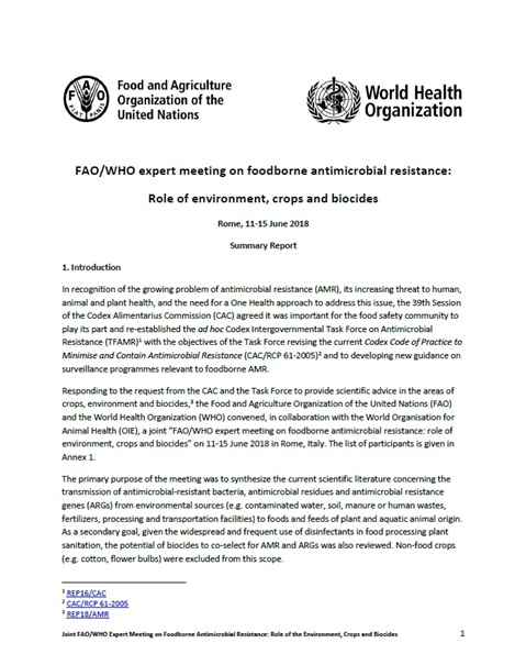 Foodborne antimicrobial resistance (AMR): role of environment, crops and biocides - FAO/WHO expert meeting