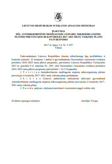 Lithuania: Action plan for the prevention and control of the spread of micro-organisms resistant to antimicrobial agents (Lithuanian)
