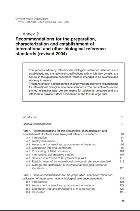 Recommendations for the preparation, characterization and establishment of international and other biological reference standards, Annex 2, TRS No 932