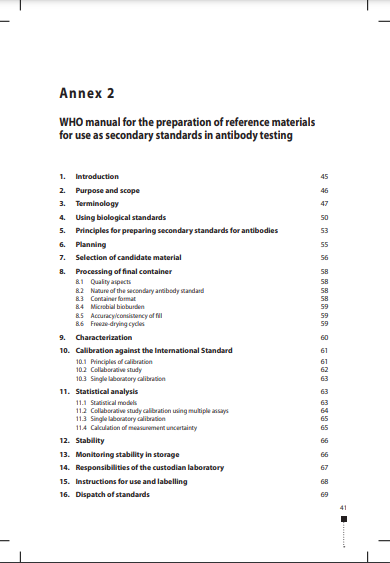WHO Manual for the preparation of reference materials for use as secondary standards in antibody testing, TRS 1043, Annex 2