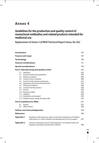 WHO Guidelines for the production and quality control of monoclonal antibodies and related products intended for medicinal use, TRS 1043, Annex 4