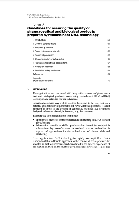 Guidelines for assuring the quality of pharmaceutical and biological products prepared by recombinant DNA technology, Annex 3, TRS No 814