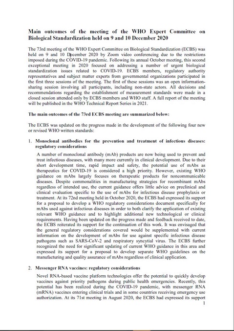 Main outcomes of the meeting of the WHO Expert Committee on Biological Standardization held from 9 to 10 December 2020