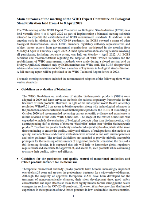 Main outcomes of the meeting of the Expert Committee on Biological Standardization held from 4 to 8 April 2022