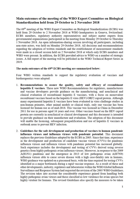 Main outcomes of the meeting of the Expert Committee on Biological Standardization held from 29 October to
2 November 2018