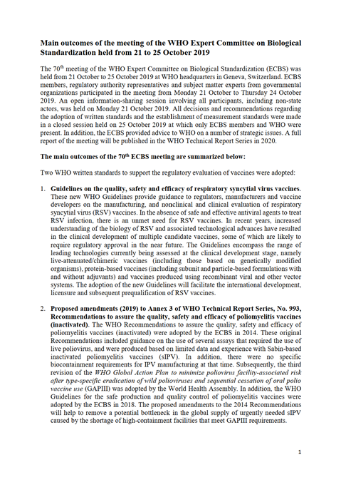 Main outcomes of the meeting of the Expert Committee on Biological Standardization held from 21 to 25 October 2019