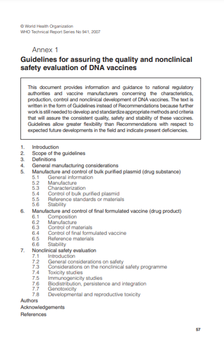 Guidelines for assuring the quality and non clinical safety evaluation of DNA vaccines, Annex 1, TRS 941