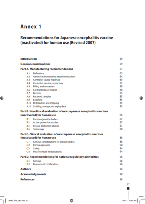 Recommendations for Japanese encephalitis vaccine (inactivated) for human use, Annex 1, TRS No 963